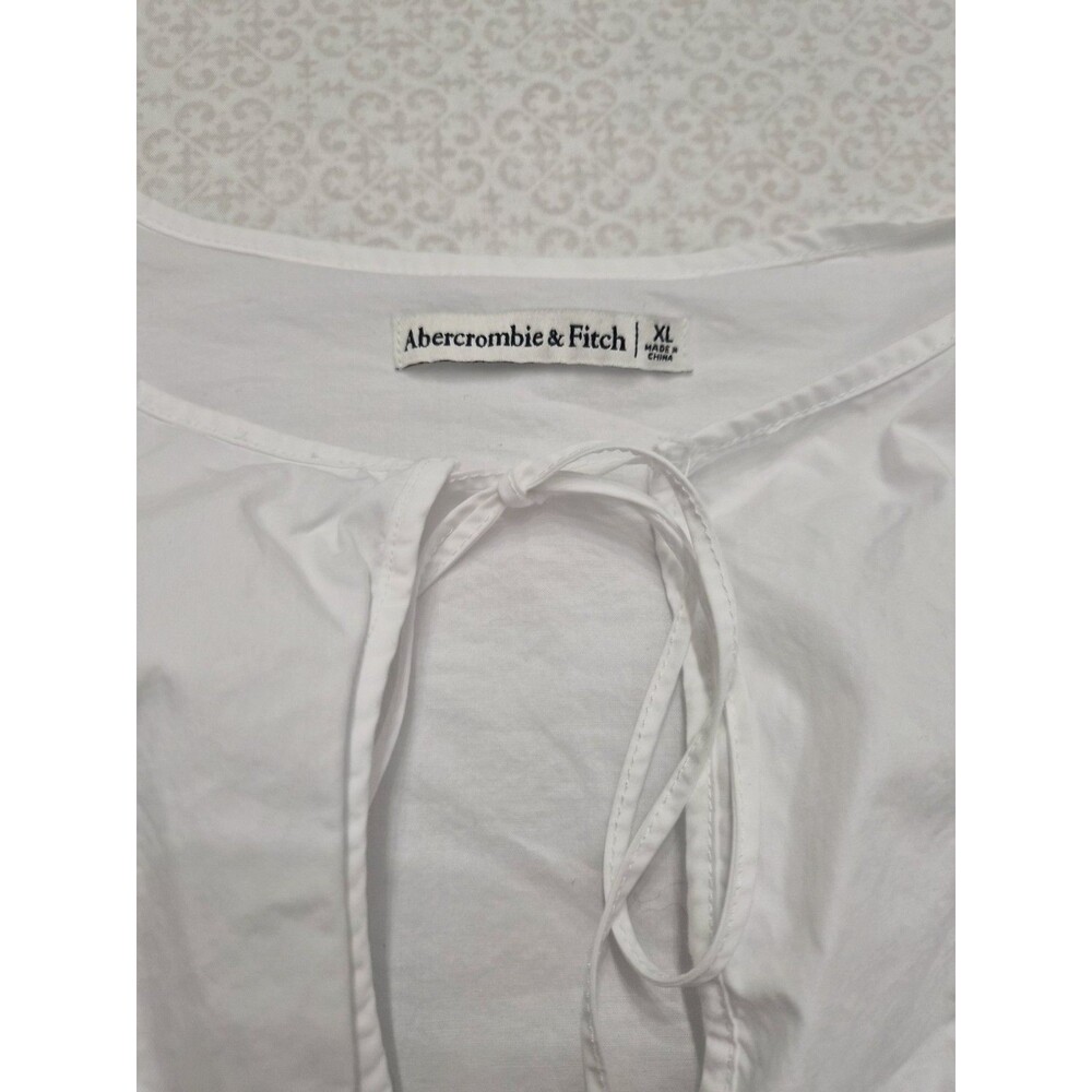 Abercrombie & Fitch White Woven Tie Front Balloon Sleeve Round Neck Blouse XL